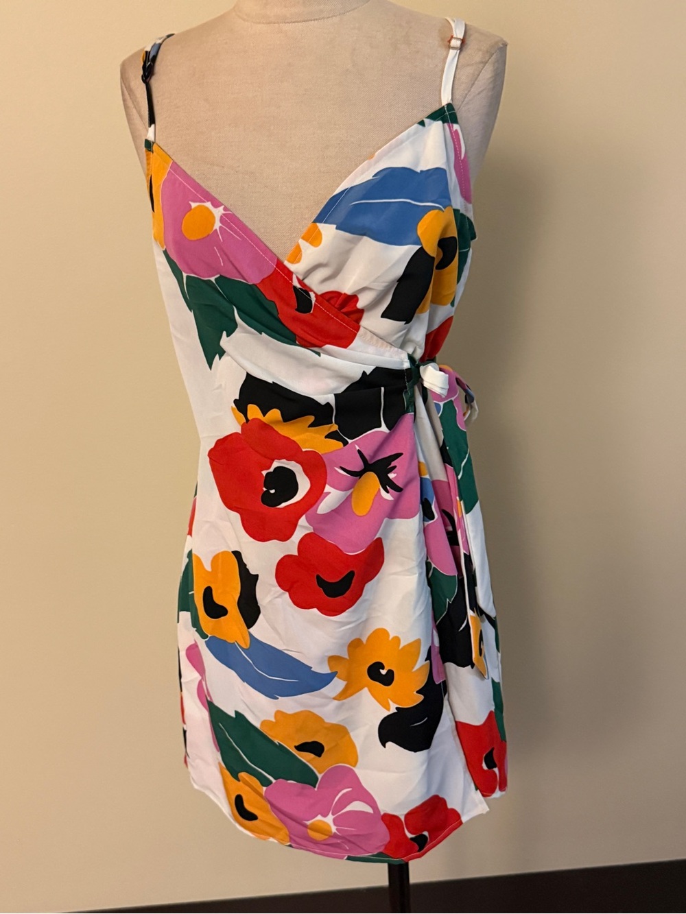 Floral Wrap Mini Dress in White with Multicolor Bloom